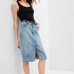 GAP, New High Rise Pencil Acid Wash Denim Midi Blue Jean Skirt Size 28 6 Tall